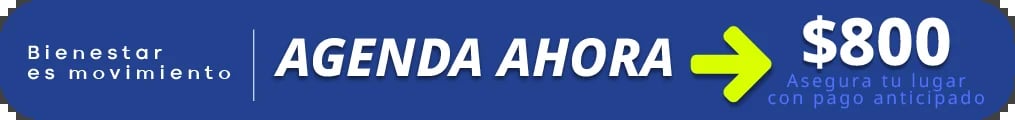 Blue banner promoting Agenda Ahora program with yellow arrow and $800 price offer for Bienestar en Movimiento