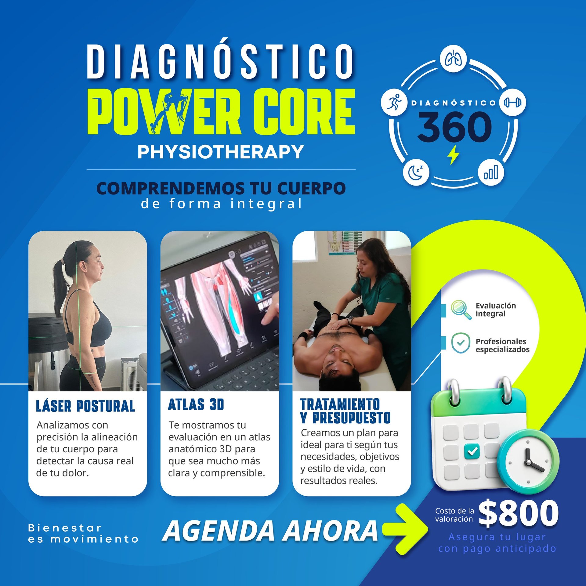 Power Core diagnostic physiotherapy clinic flyer featuring laser postural analysis, 3D atlas evaluation, treatment consultation, and booking options for $800