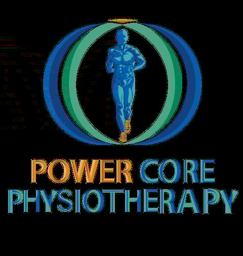 Power Core Physiotherapy logo featuring blue human figure inside interlocking circles with gold and teal text