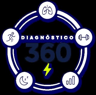 Diagnostic Health circular badge icon with fitness, lungs, sleep, and stats symbols around a central lightning bolt