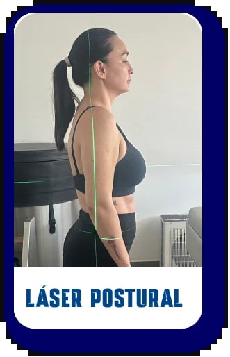 Woman demonstrating posture alignment using laser technology for postural analysis and correction.